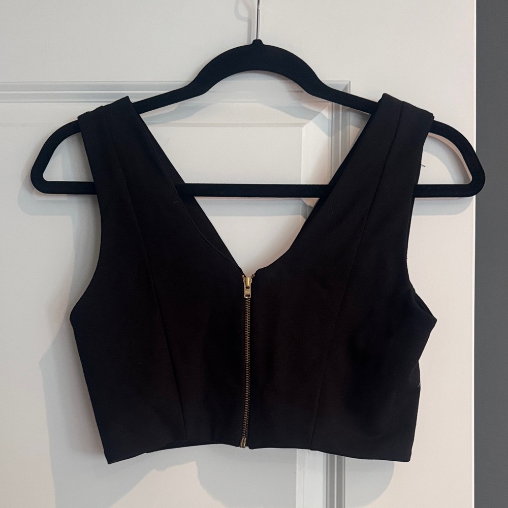 Karina Grimaldi Black V-Neck Crop Top with Gold Zipper